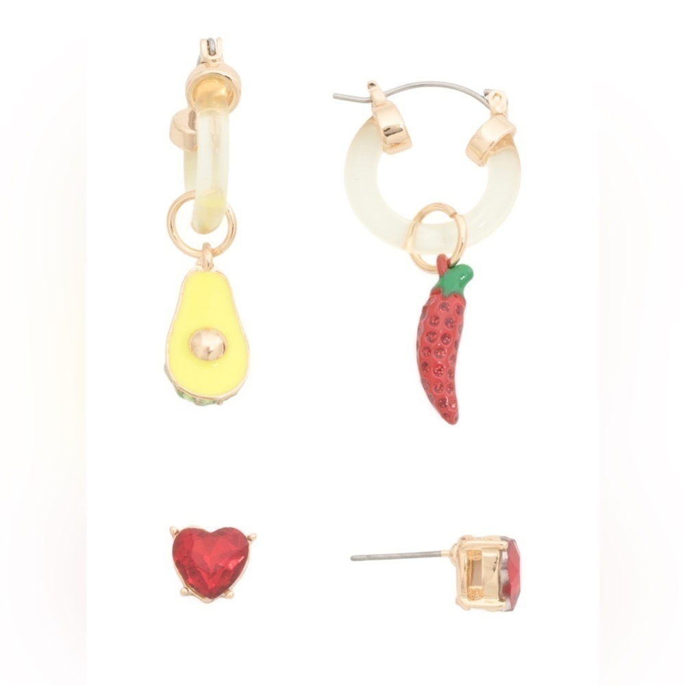 Betsey Johnson Spicy Avocado Mismatched Earrings & Studs NWT Gold Tone